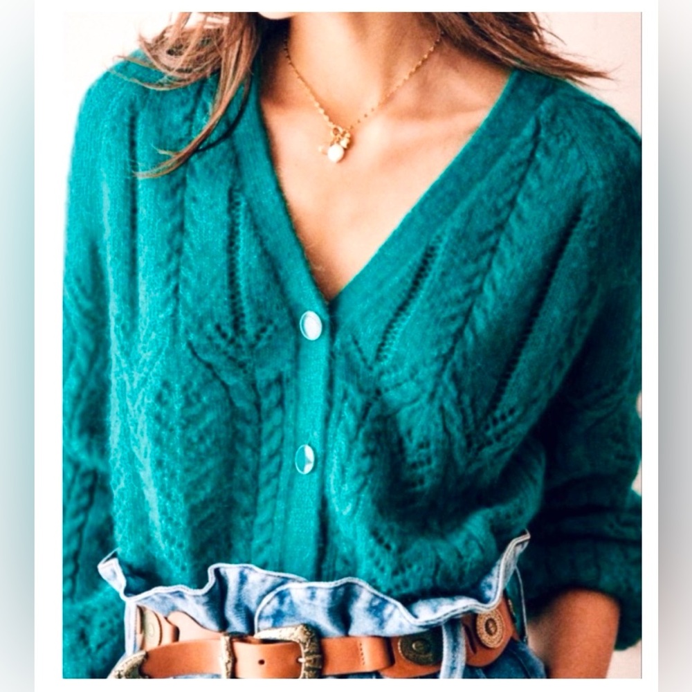 Sézane Teal Cable-Knit V-Neck Cardigan